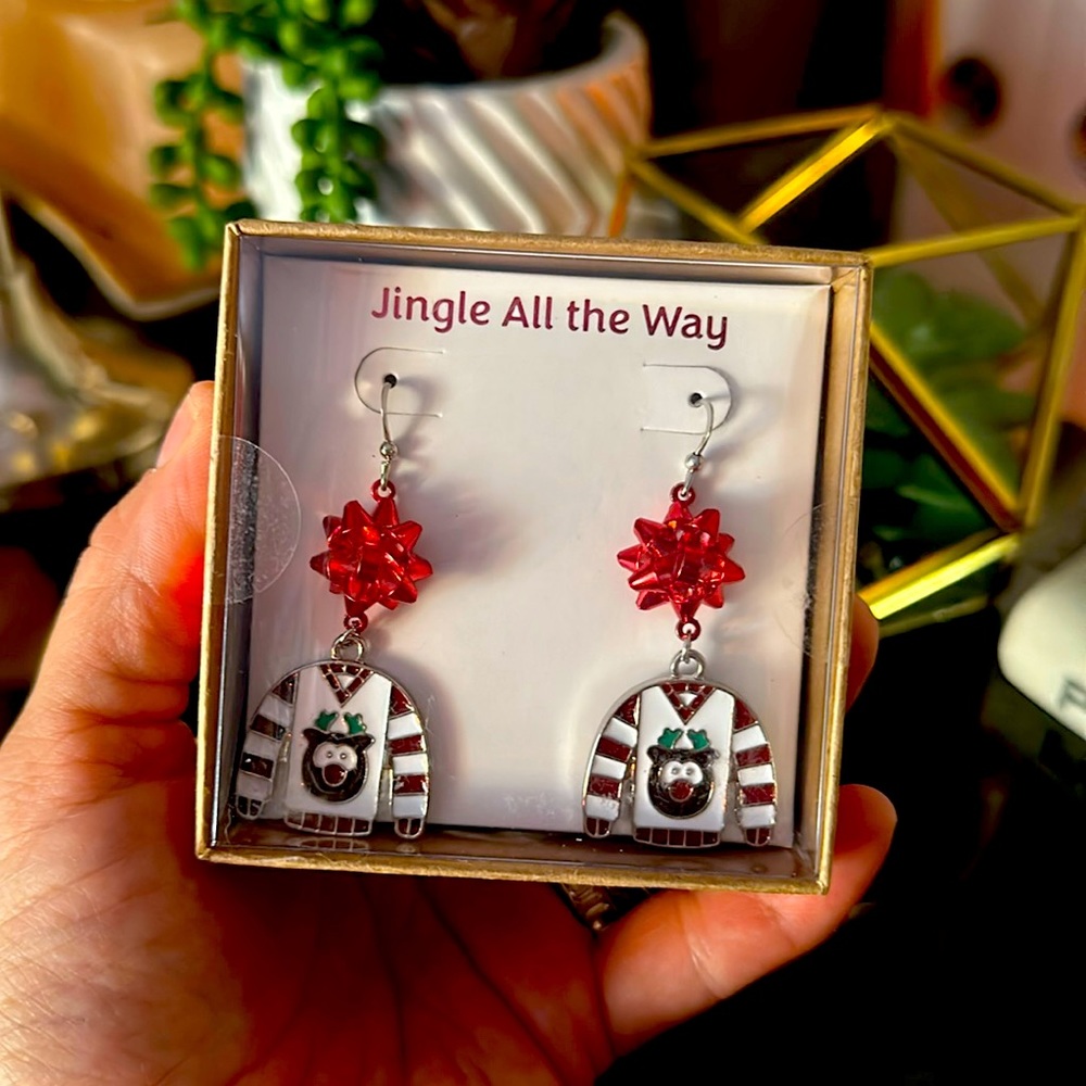 Ugly Christmas Sweater dangle earrings with red bows and Rudolf the rn reindeer